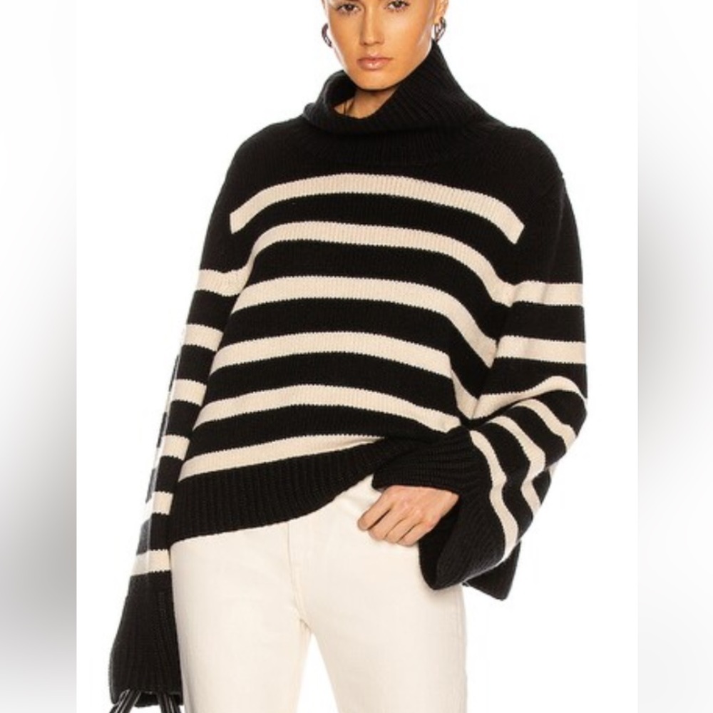 KHAITE Black and Cream Striped Turtleneck Sweater